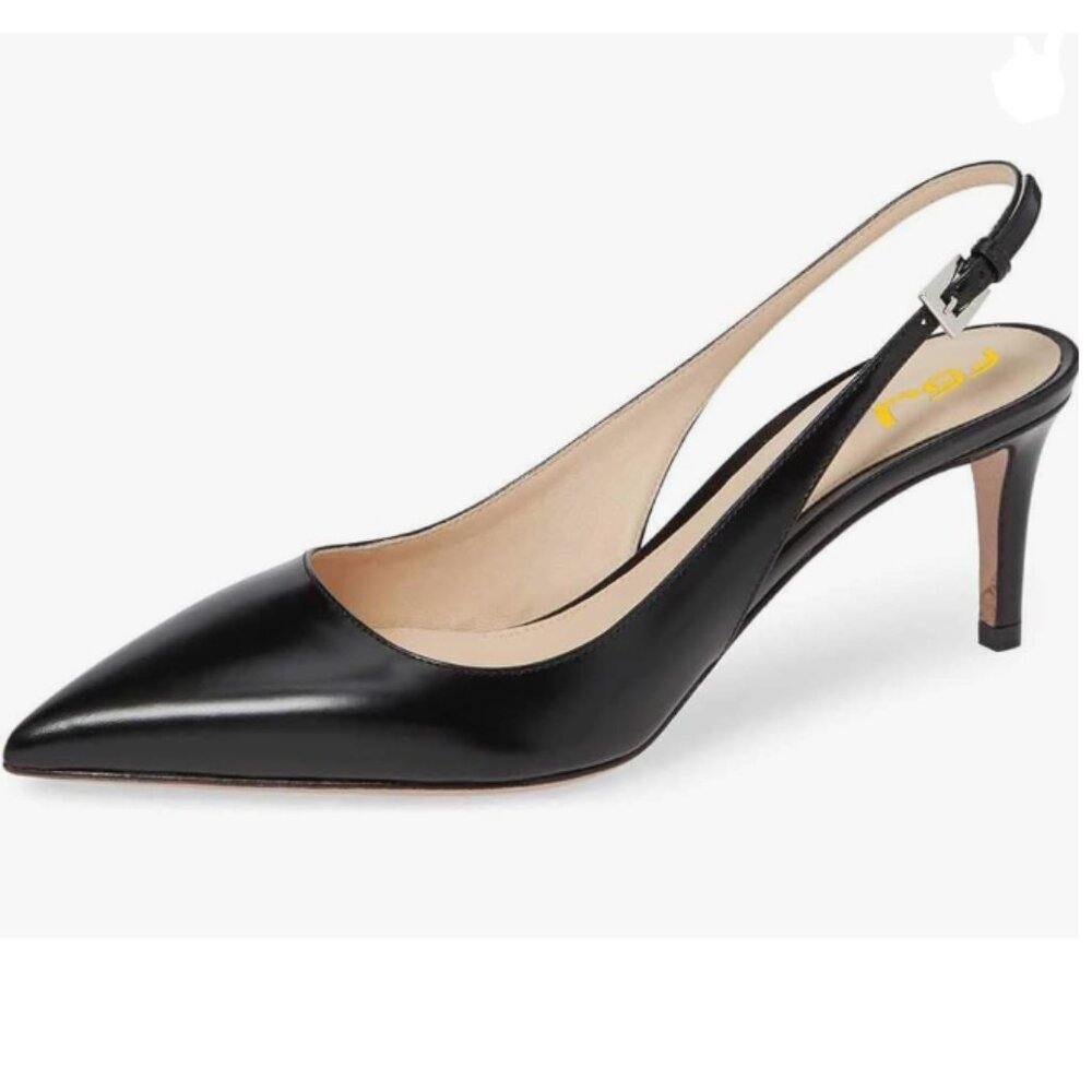FSJ Black Slingback Pumps Low Heels Sandal Pointy Toe Comfortable Cute Shoes